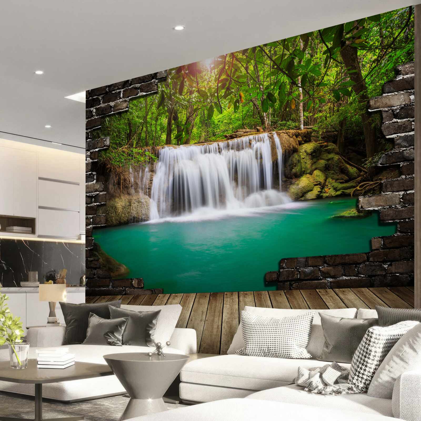 Fototapeta kaskádový vodopád pri drevenom moste