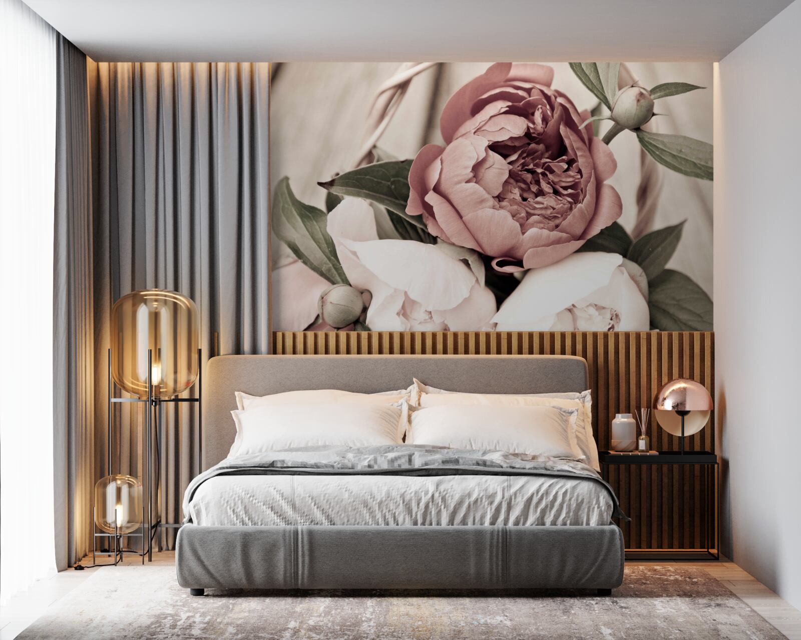 Fototapeta pevná ruža so sviežimi zelenými listami a pivonky