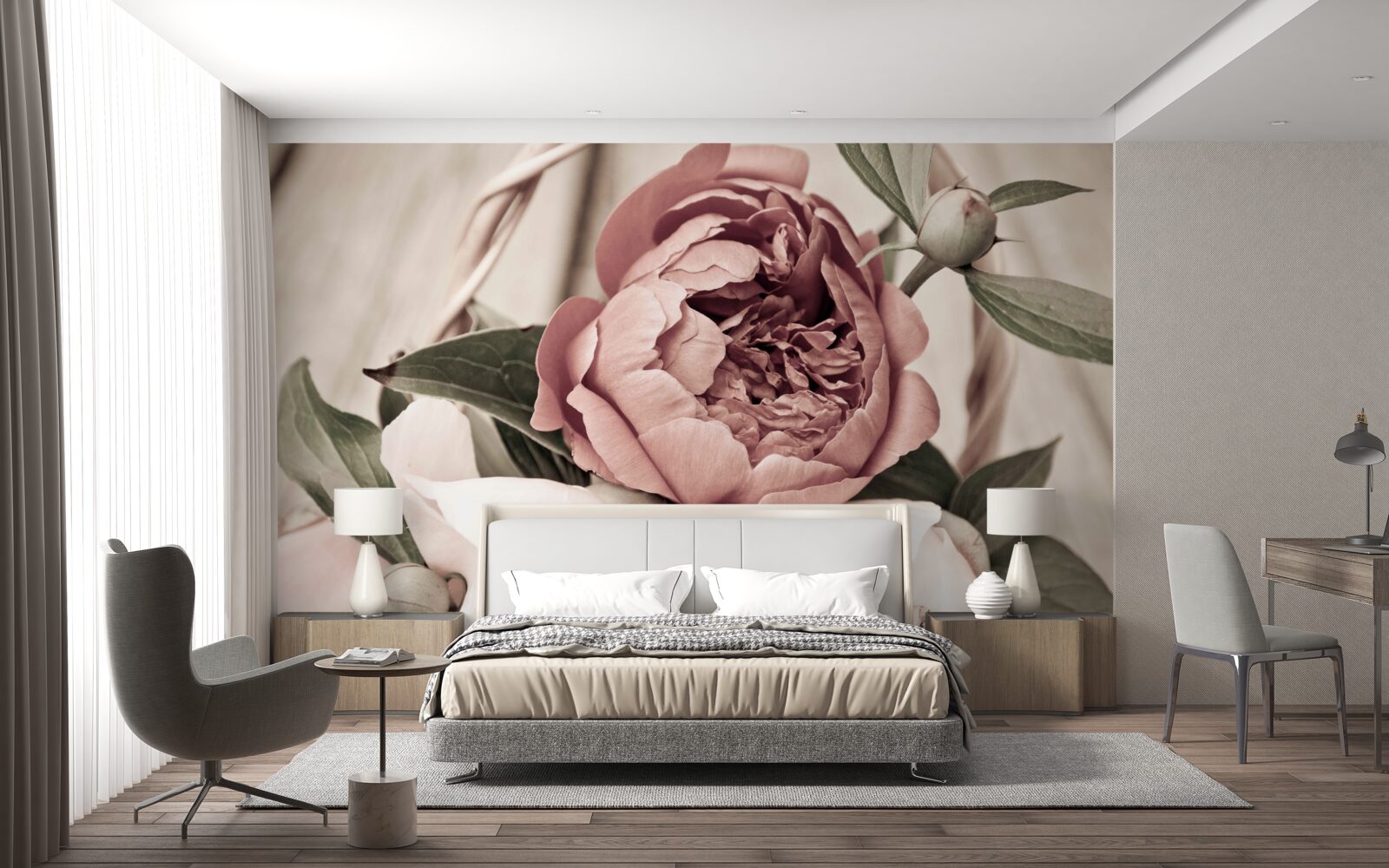 Fototapeta pevná ruža so sviežimi zelenými listami a pivonky