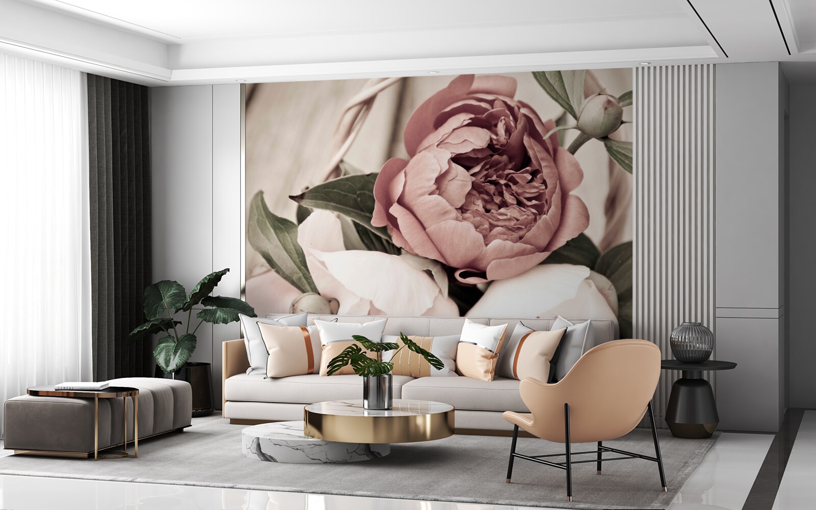 Fototapeta pevná ruža so sviežimi zelenými listami a pivonky