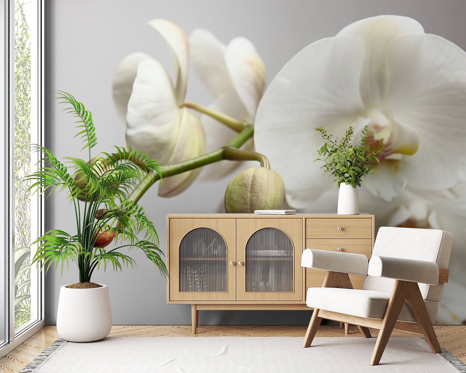 Fototapeta konár bielej orchidey s rozkvitnutými kvetmi a nevyrastenými púčikmi