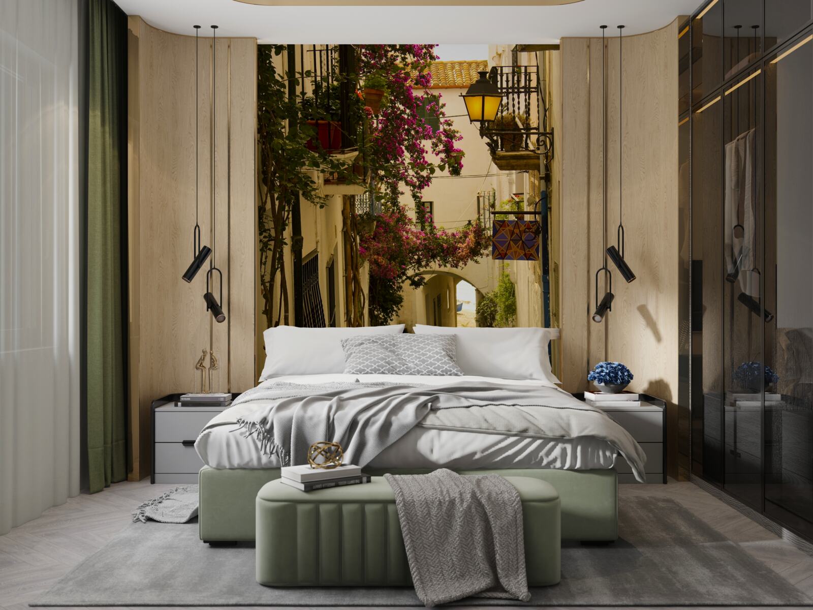 Fototapeta starobylá ulica obklopená kvetmi a slnečným svetlom