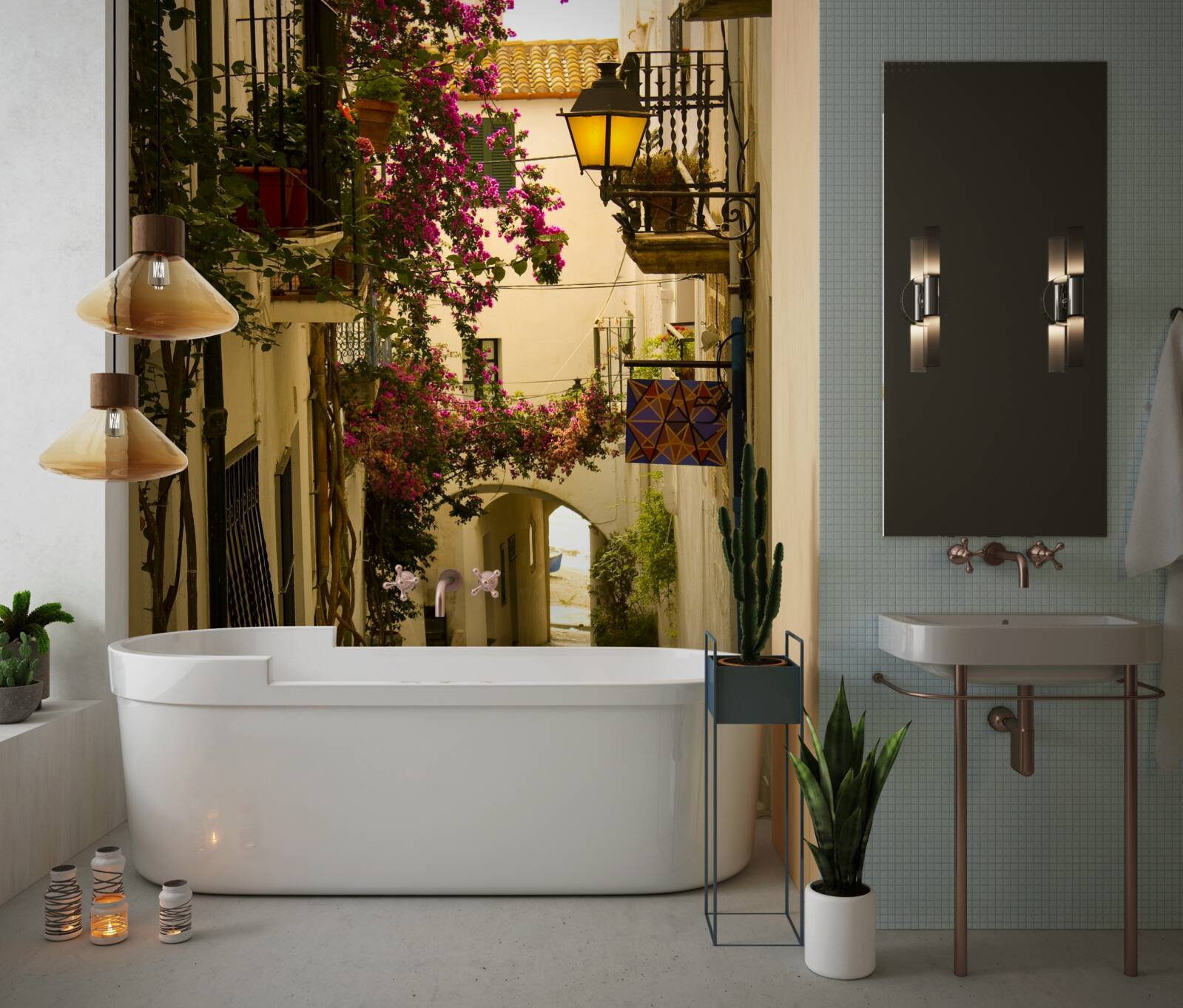 Fototapeta starobylá ulica obklopená kvetmi a slnečným svetlom