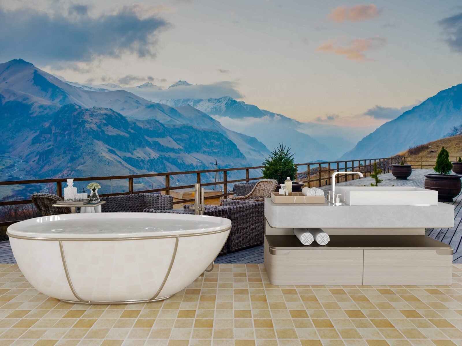 Fototapeta priestranná terasa s výhľadom na hory