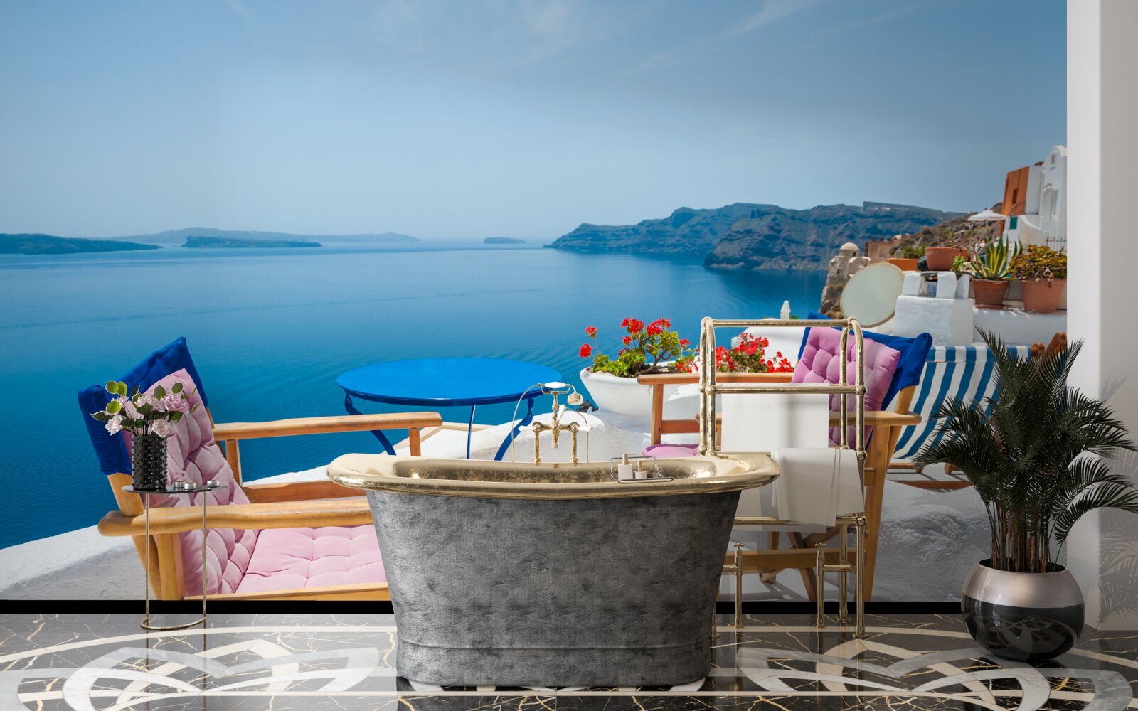 Fototapeta strešná kaviareň pri pobreží v Grécku