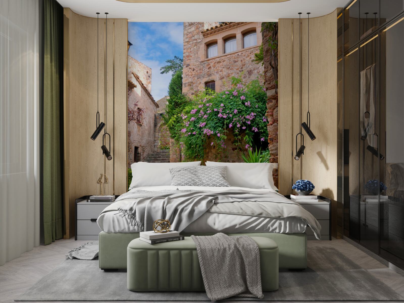 Fototapeta starodávna dláždená ulica obklopená zeleňou a kvetmi