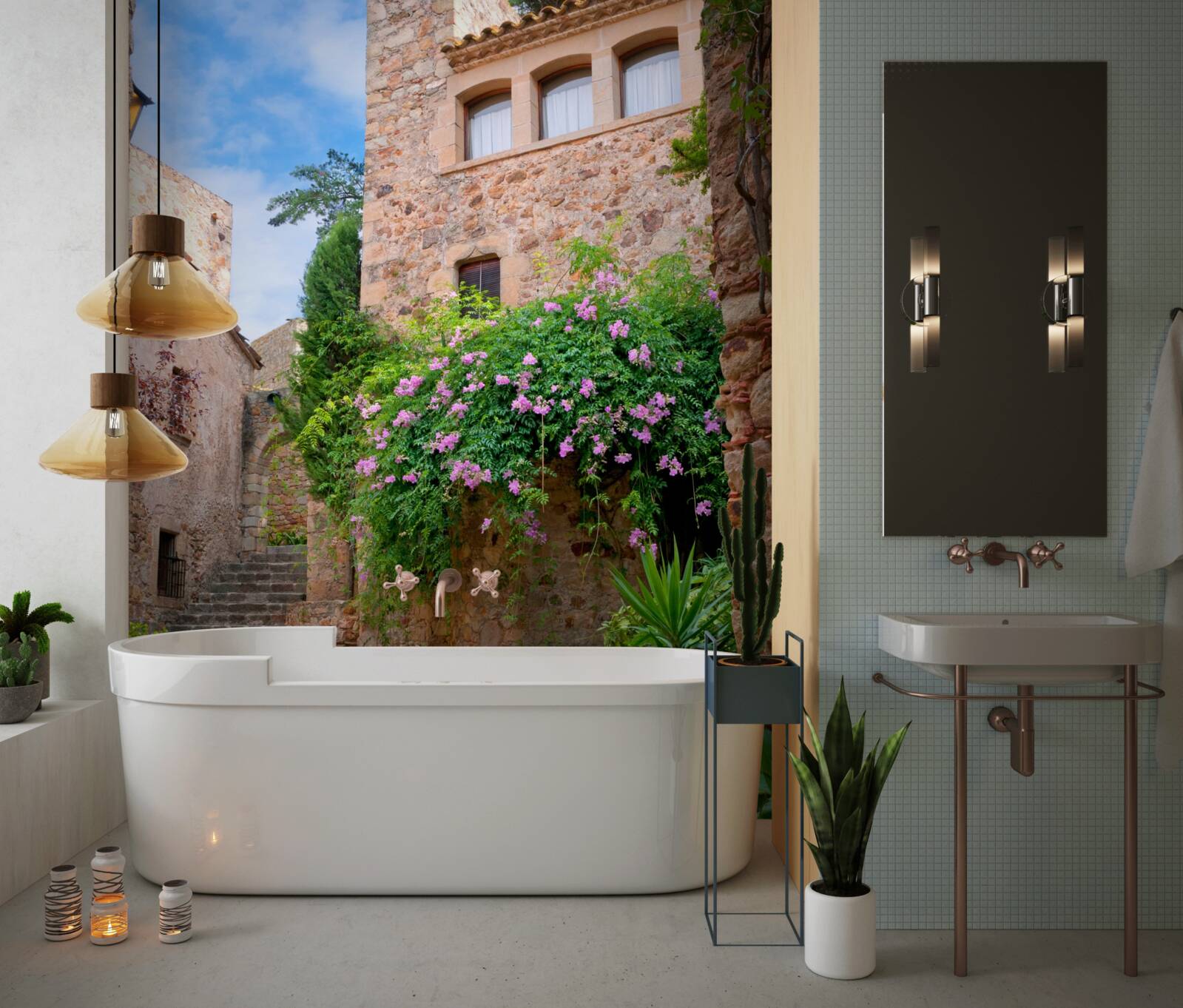 Fototapeta starodávna dláždená ulica obklopená zeleňou a kvetmi