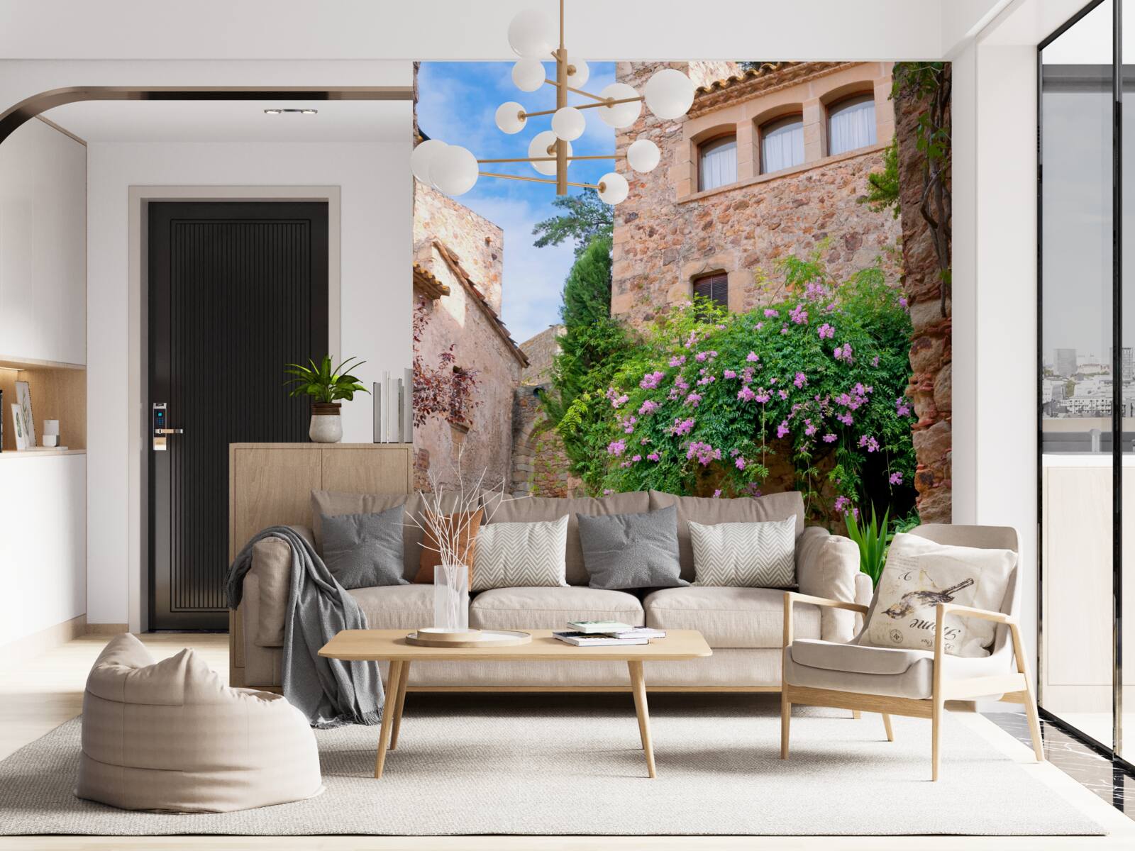 Fototapeta starodávna dláždená ulica obklopená zeleňou a kvetmi