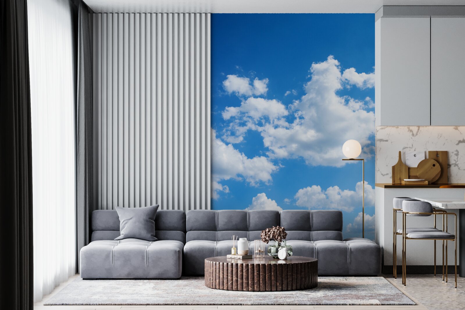 Fototapeta na modrej oblohe plávajú snehovo biele oblaky