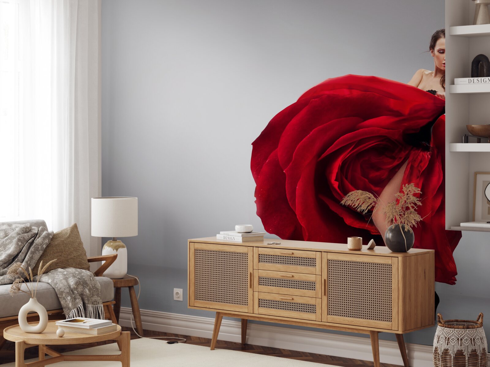 Fototapeta dievča v červených šatách pripomínajúcich ruže