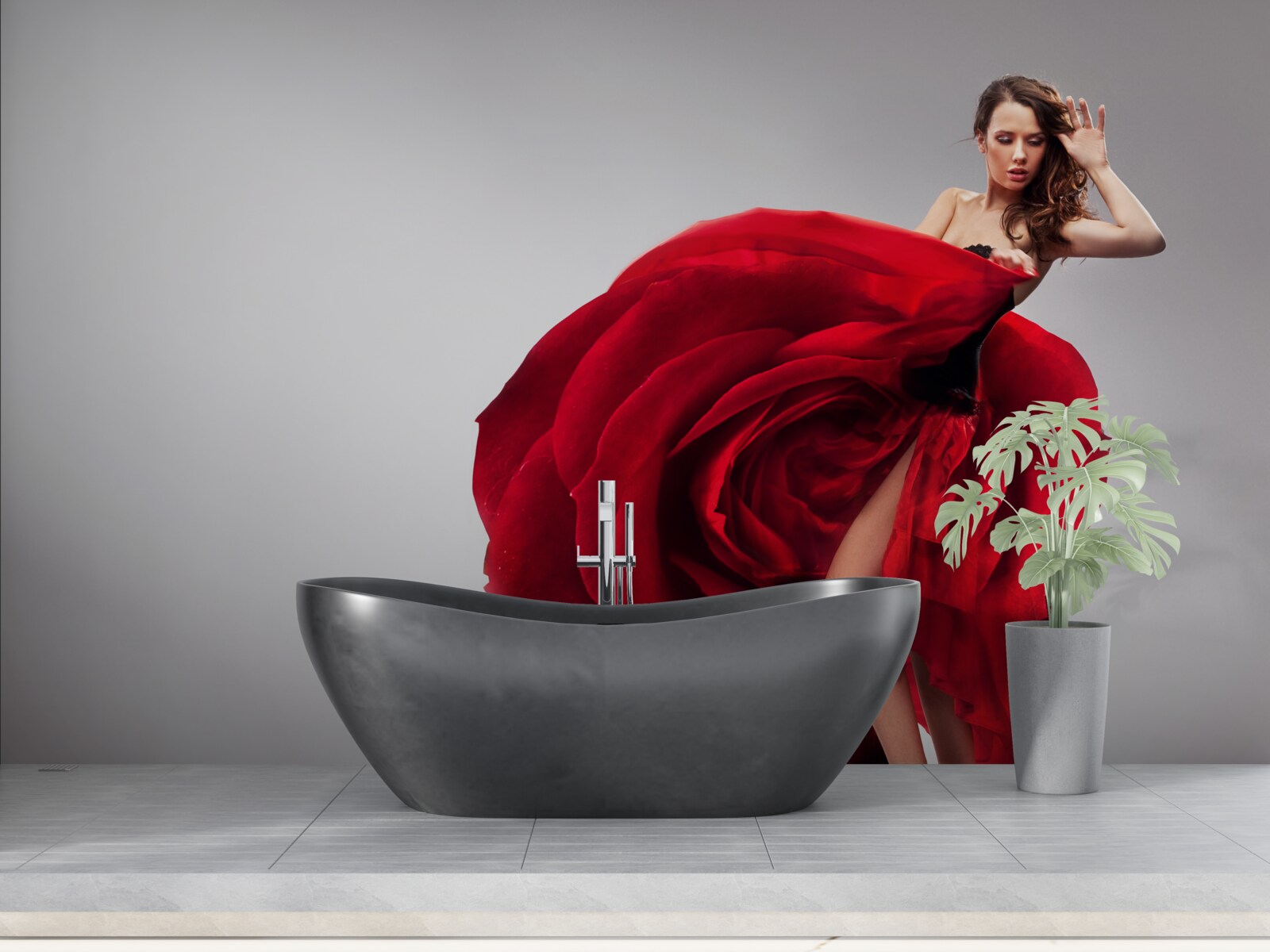 Fototapeta dievča v červených šatách pripomínajúcich ruže