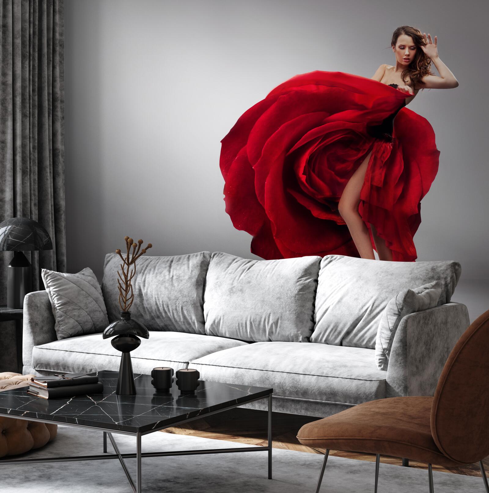 Fototapeta dievča v červených šatách pripomínajúcich ruže