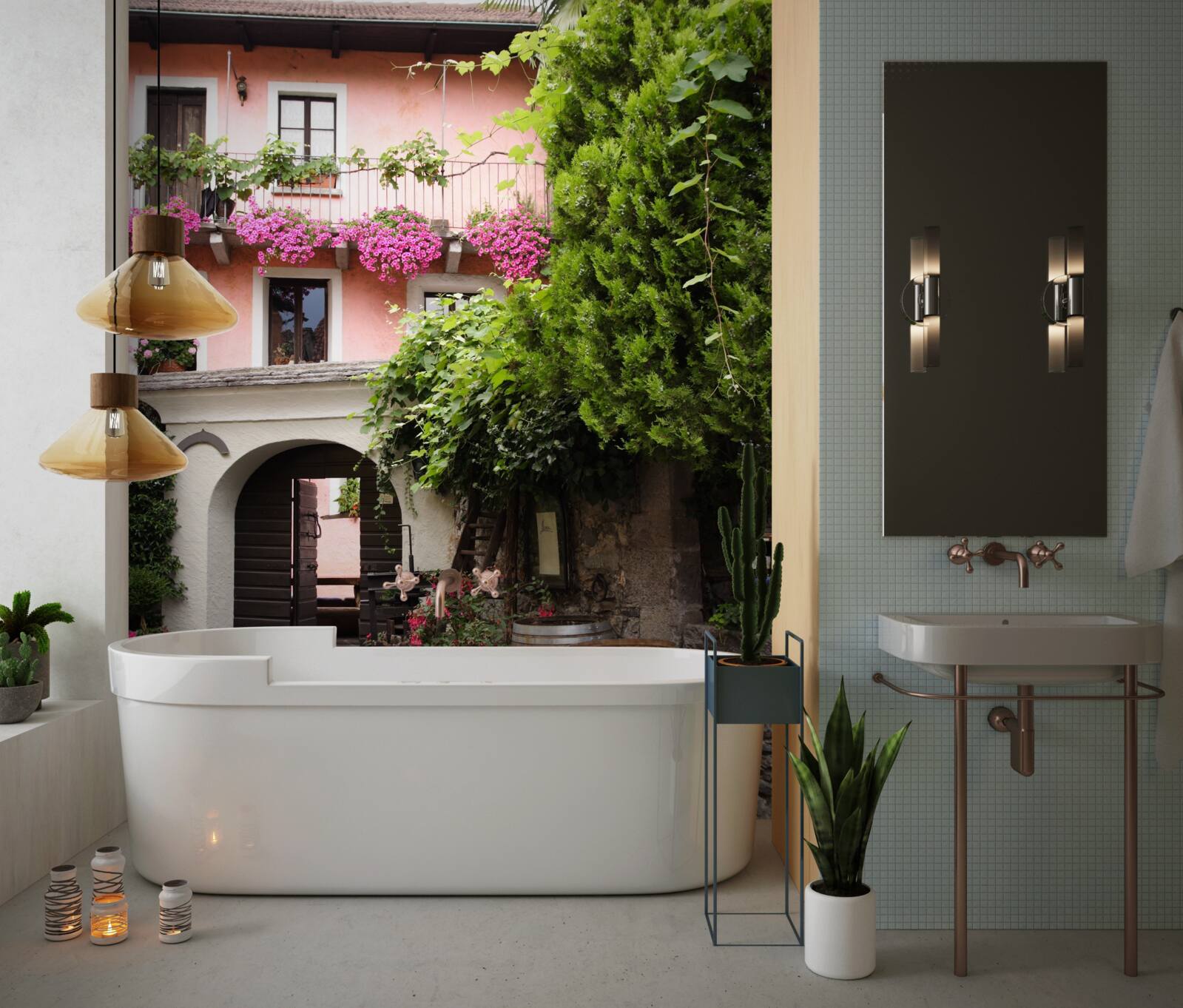 Fototapeta vegetácia s kvetmi v blízkosti schodiska