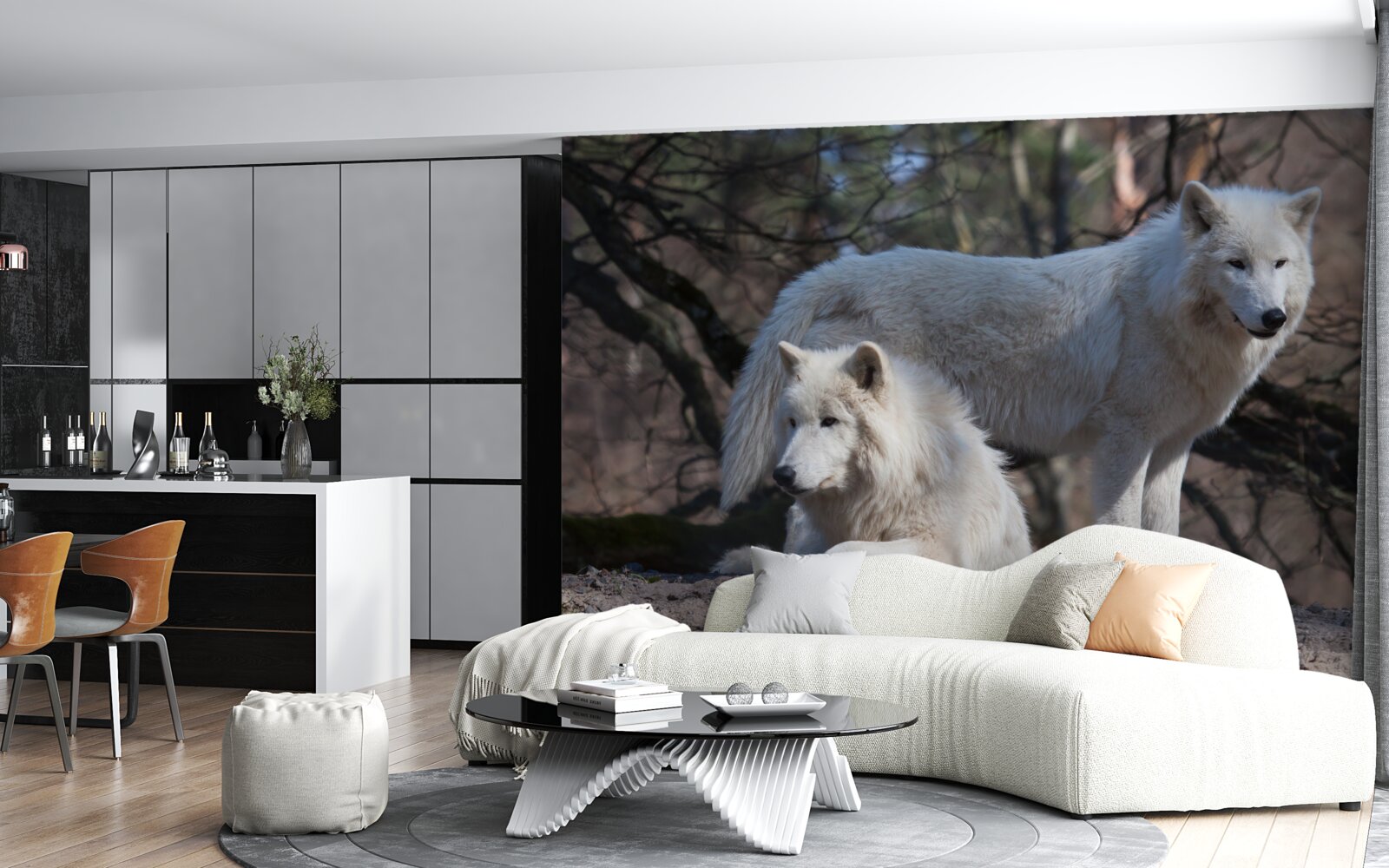 Fototapeta vlci sa zbeleli v lese pokrytý opadaným lístím