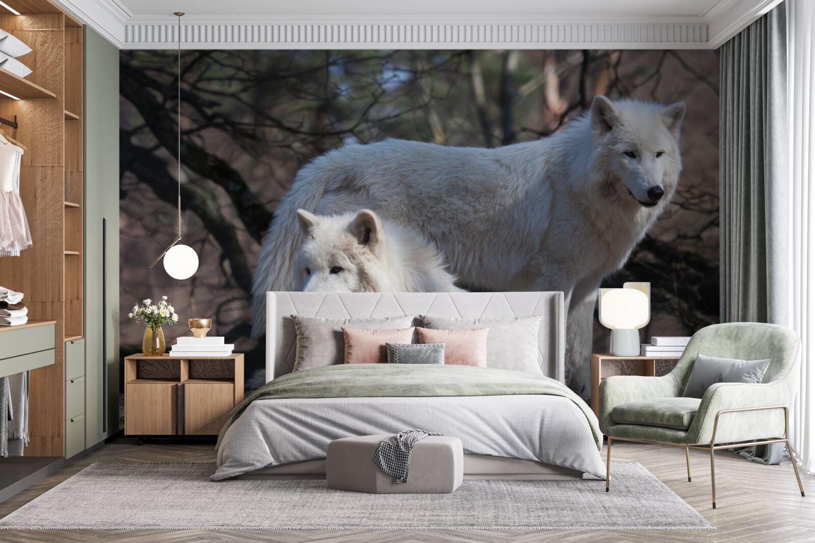 Fototapeta vlci sa zbeleli v lese pokrytý opadaným lístím