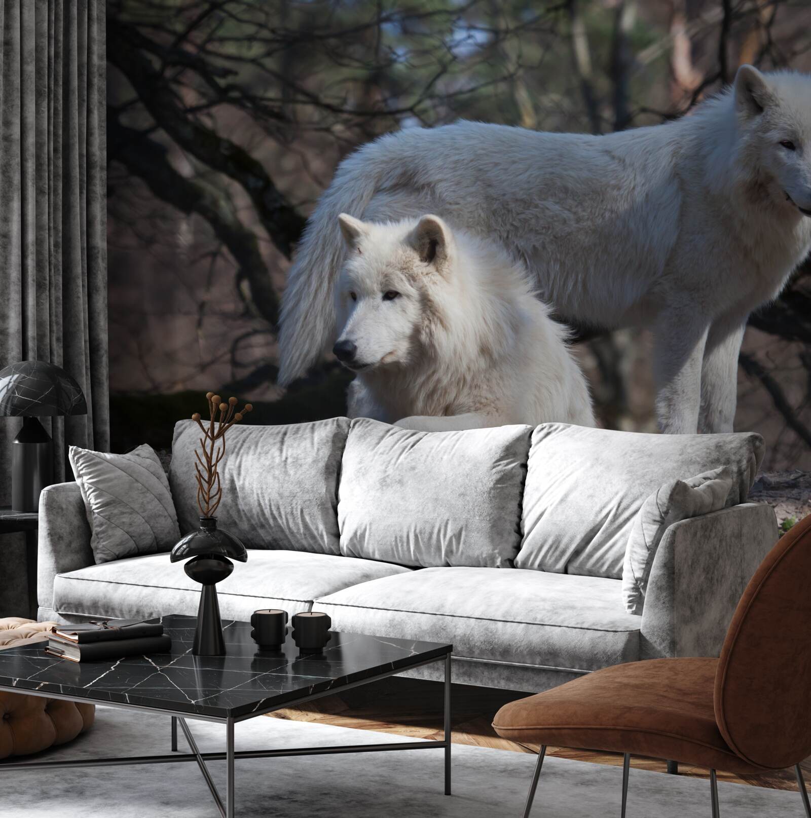 Fototapeta vlci sa zbeleli v lese pokrytý opadaným lístím