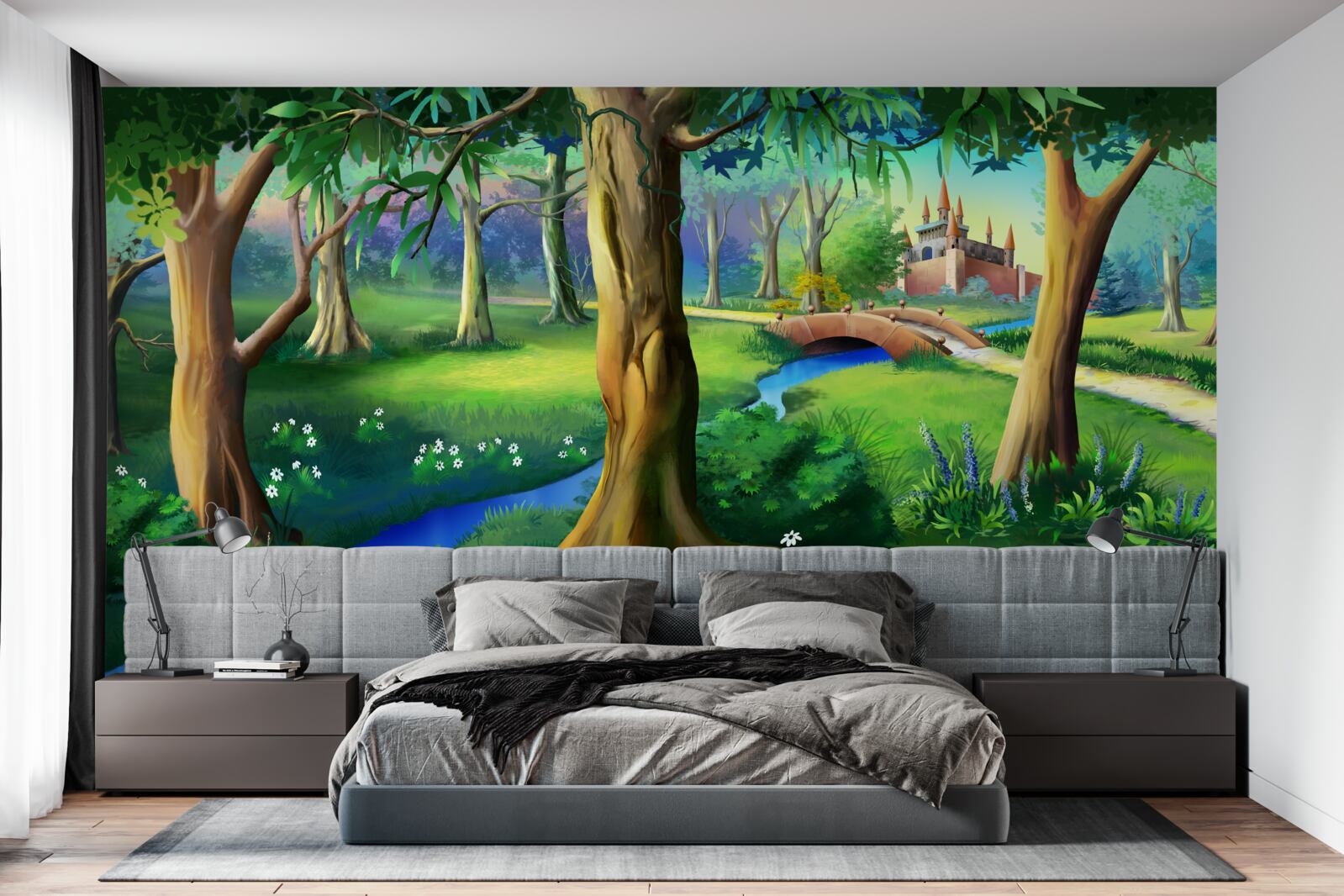 Fototapeta štíhle stromy šplhajúce sa hore a rieka na lúke