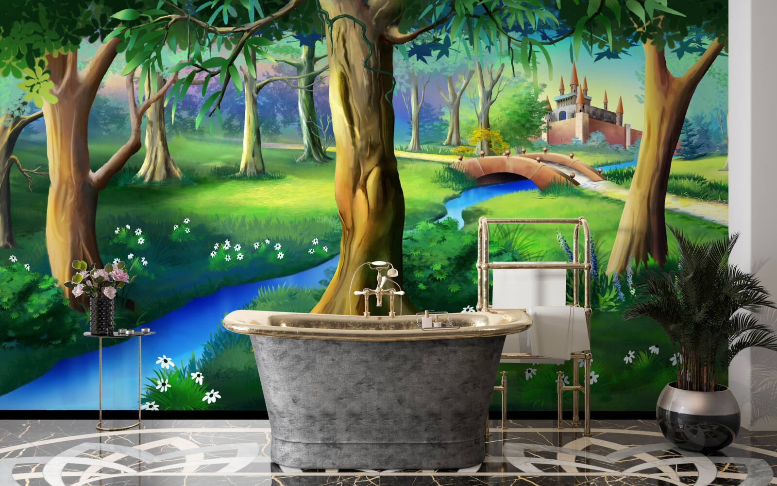 Fototapeta štíhle stromy šplhajúce sa hore a rieka na lúke