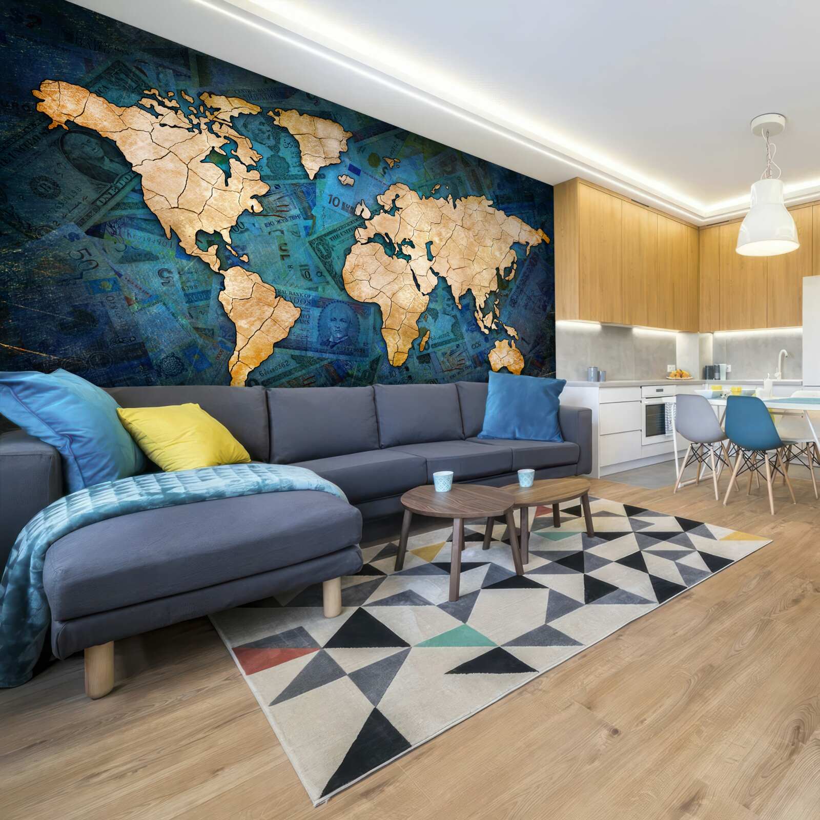 Fototapeta žltá mapa sveta na zadí modrej vody