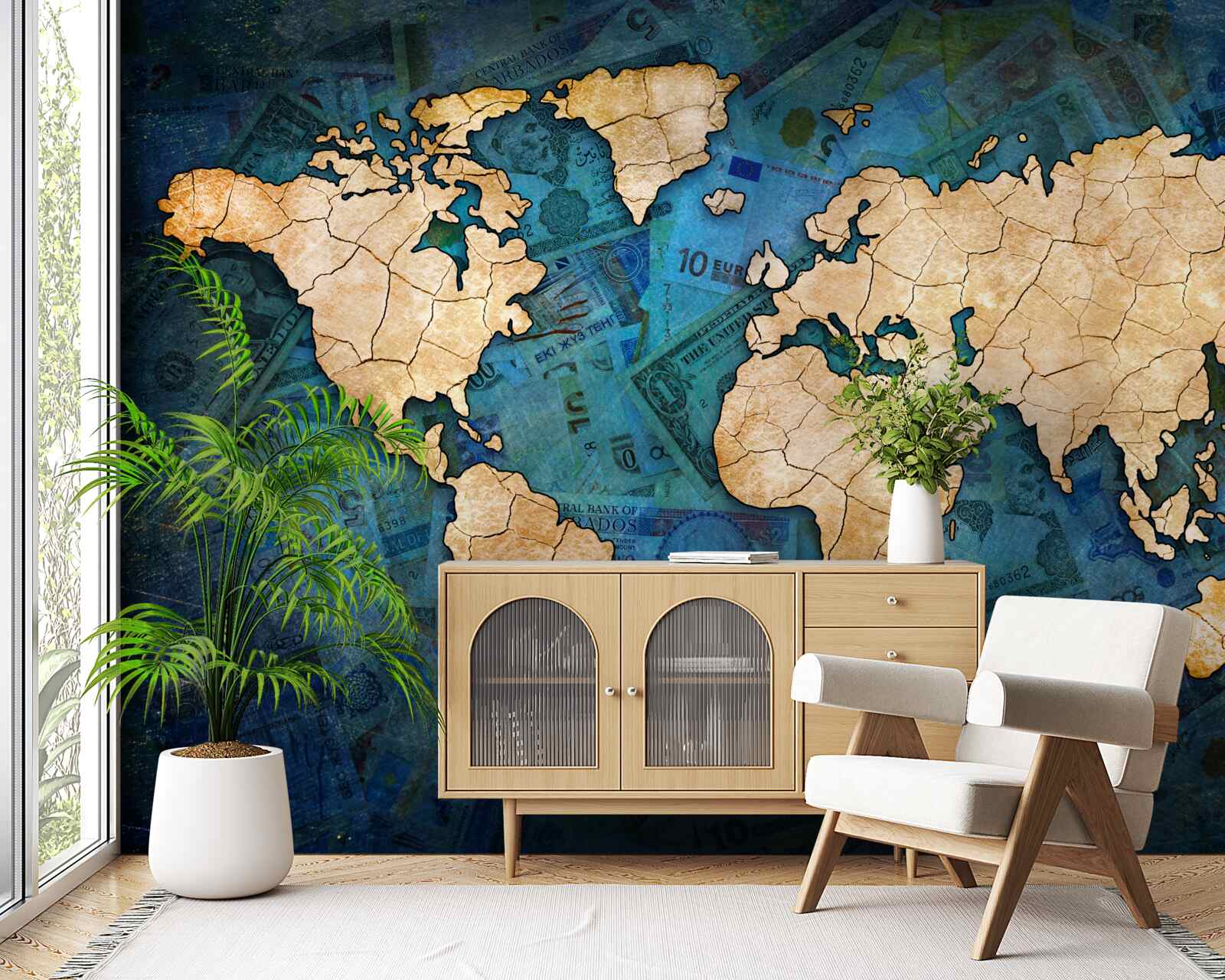 Fototapeta žltá mapa sveta na zadí modrej vody