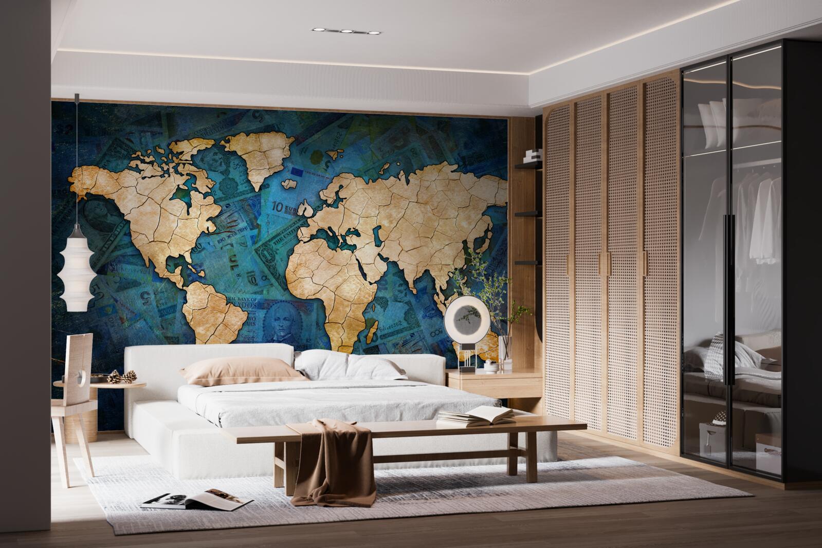 Fototapeta žltá mapa sveta na zadí modrej vody