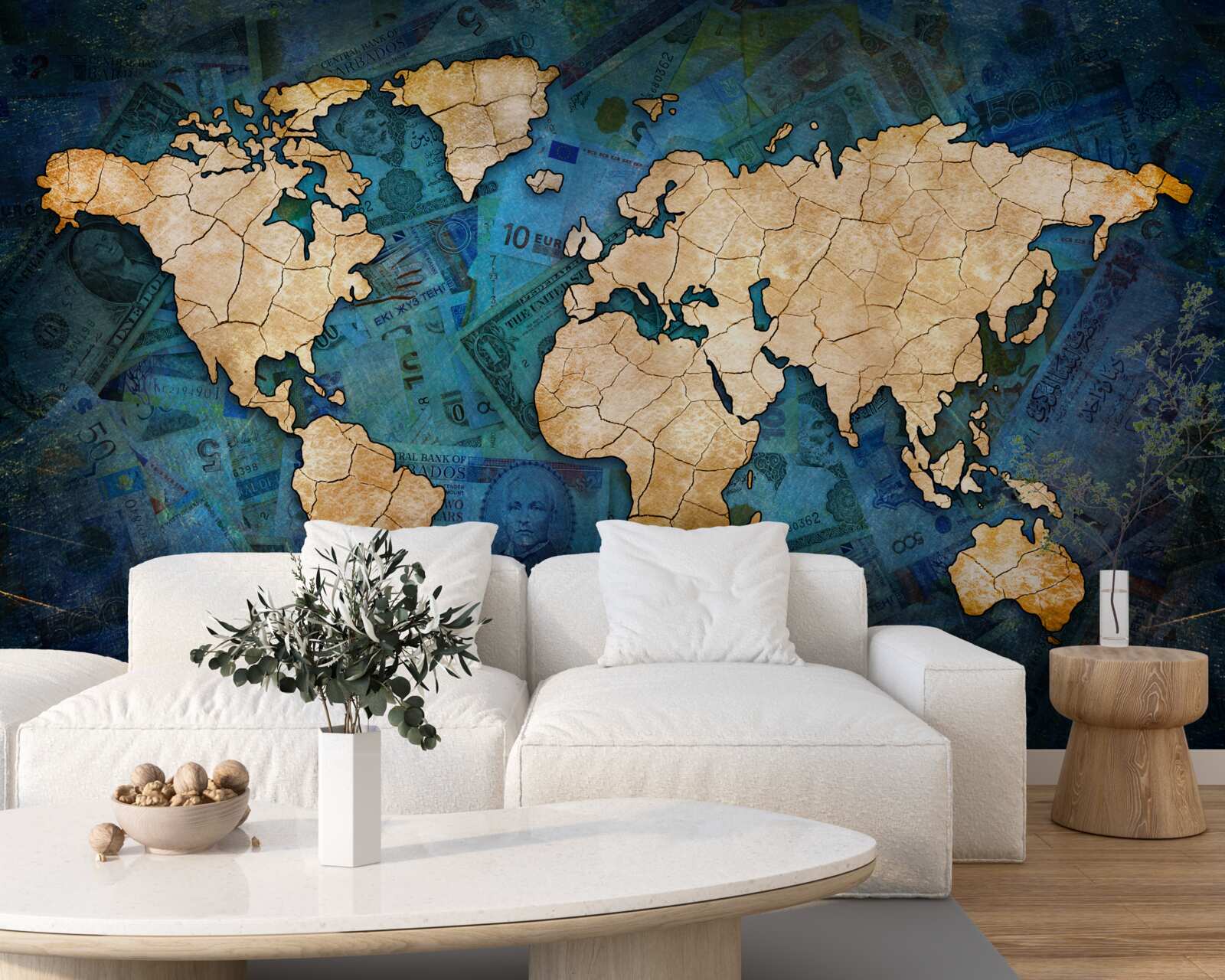 Fototapeta žltá mapa sveta na zadí modrej vody