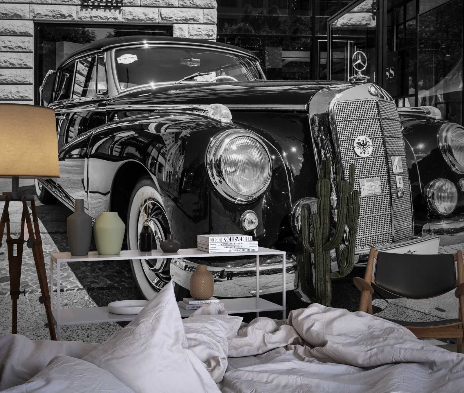 Fototapeta retro auto v čiernej a bielej farbe