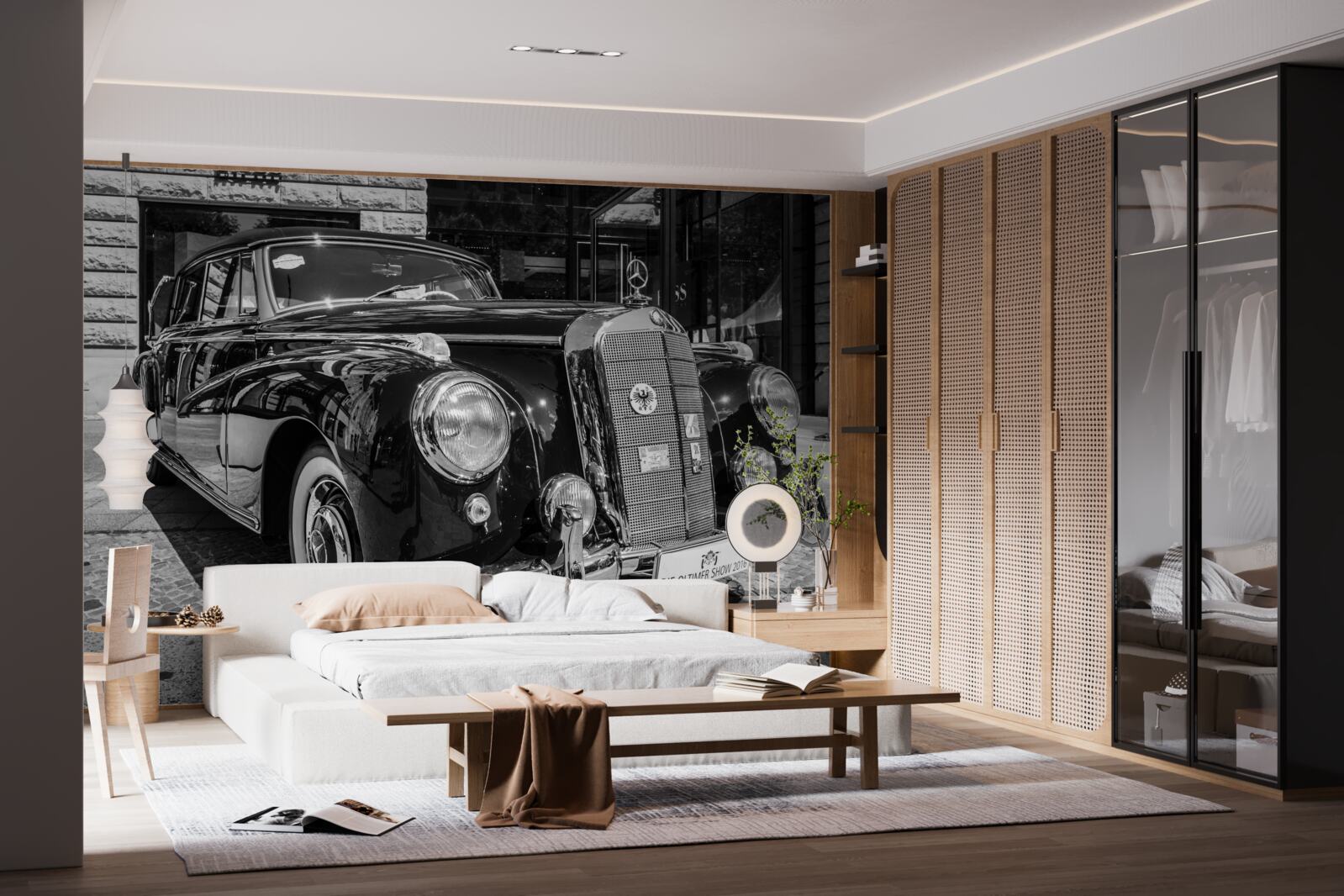 Fototapeta retro auto v čiernej a bielej farbe