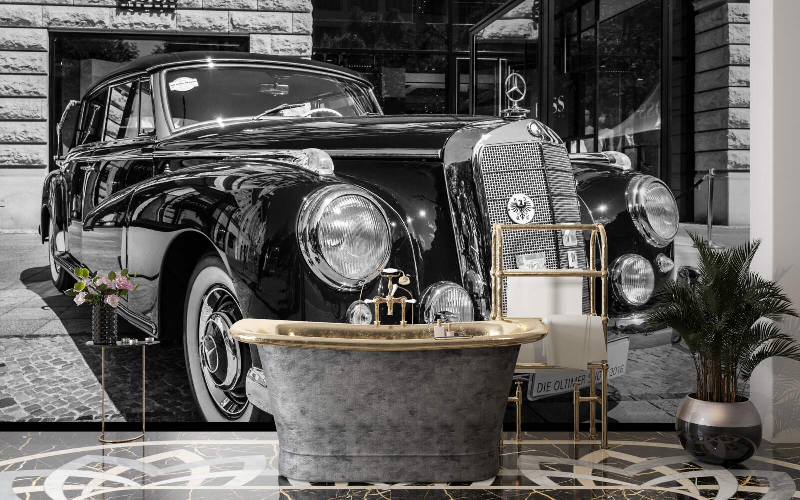 Fototapeta retro auto v čiernej a bielej farbe