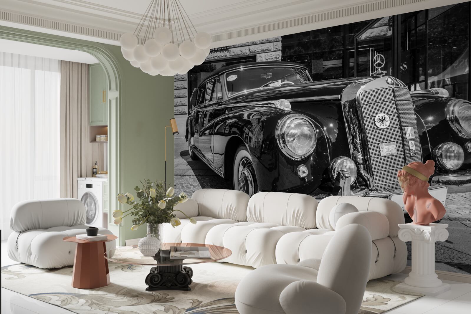Fototapeta retro auto v čiernej a bielej farbe