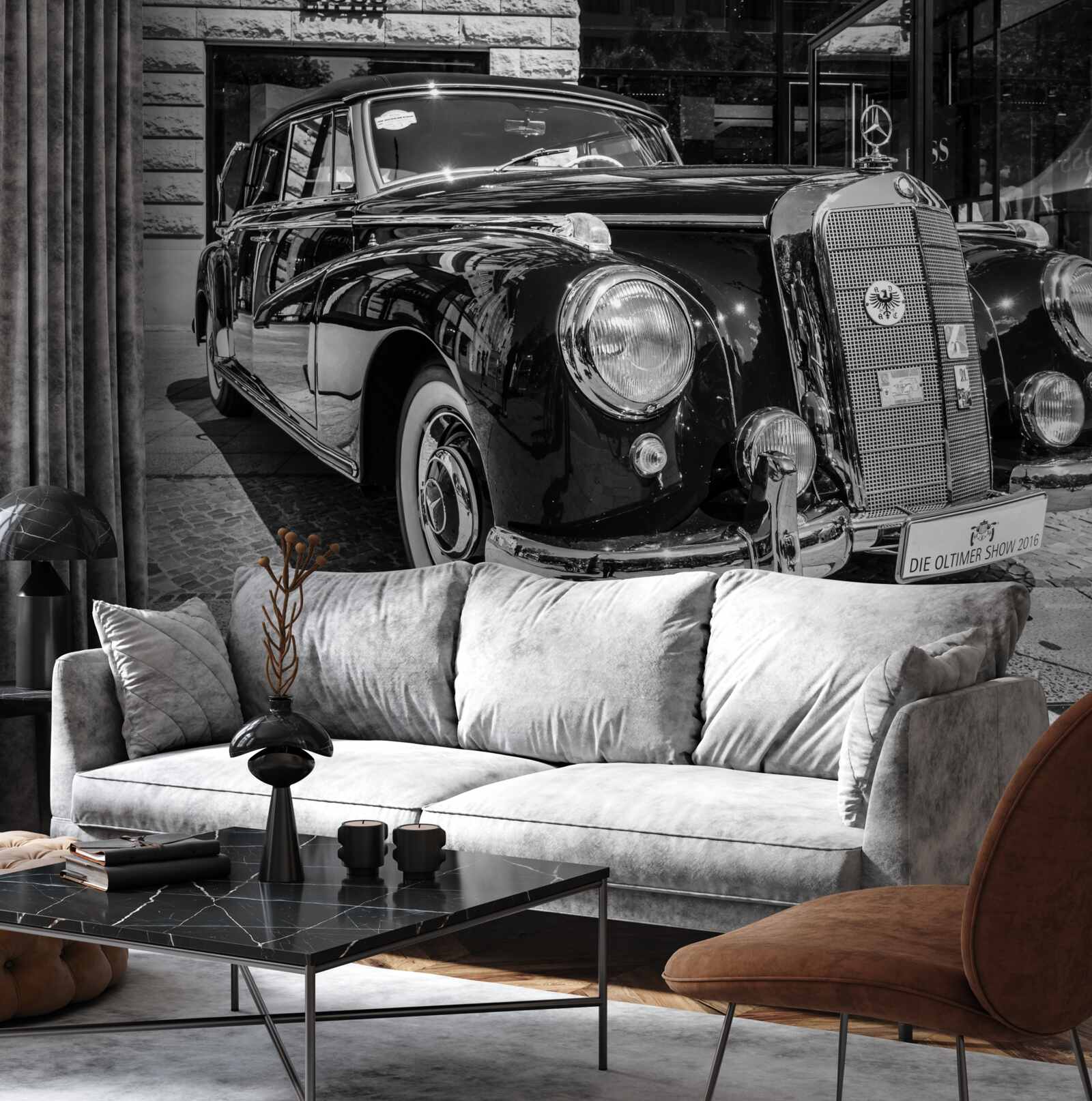 Fototapeta retro auto v čiernej a bielej farbe