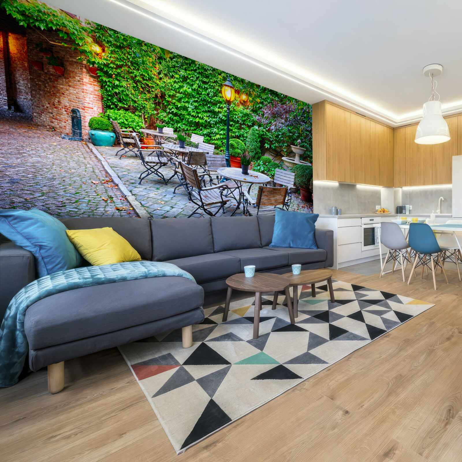 Fototapeta rastlina so zelenou stenou a pouličnou lampou