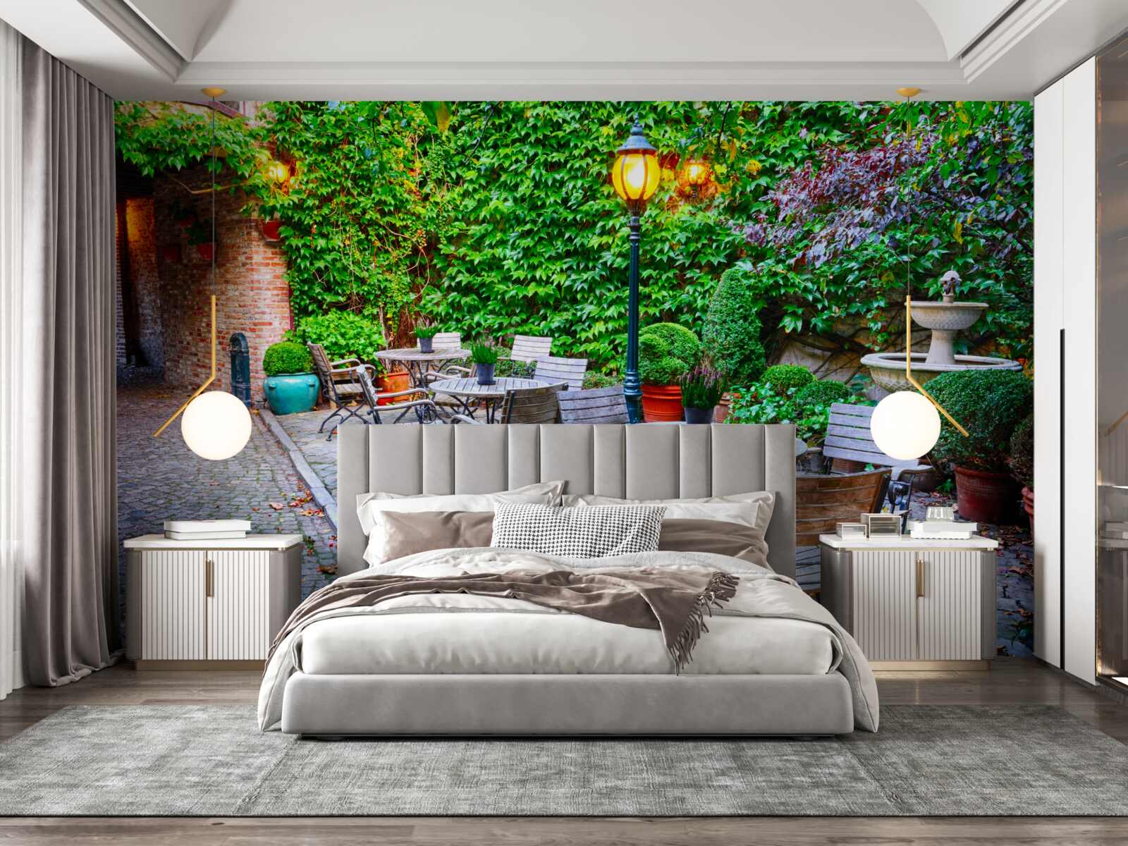 Fototapeta rastlina so zelenou stenou a pouličnou lampou