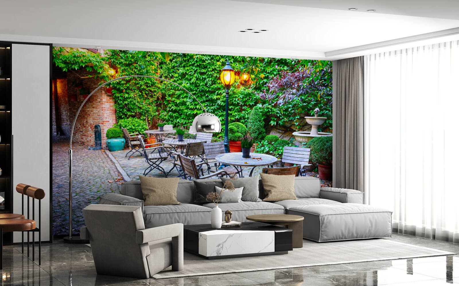 Fototapeta rastlina so zelenou stenou a pouličnou lampou