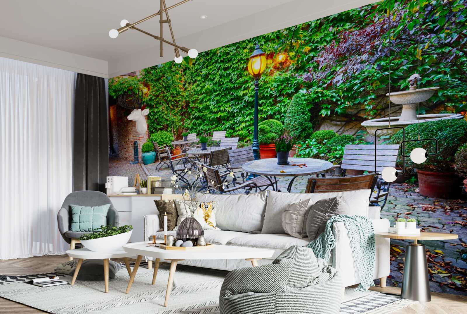 Fototapeta rastlina so zelenou stenou a pouličnou lampou