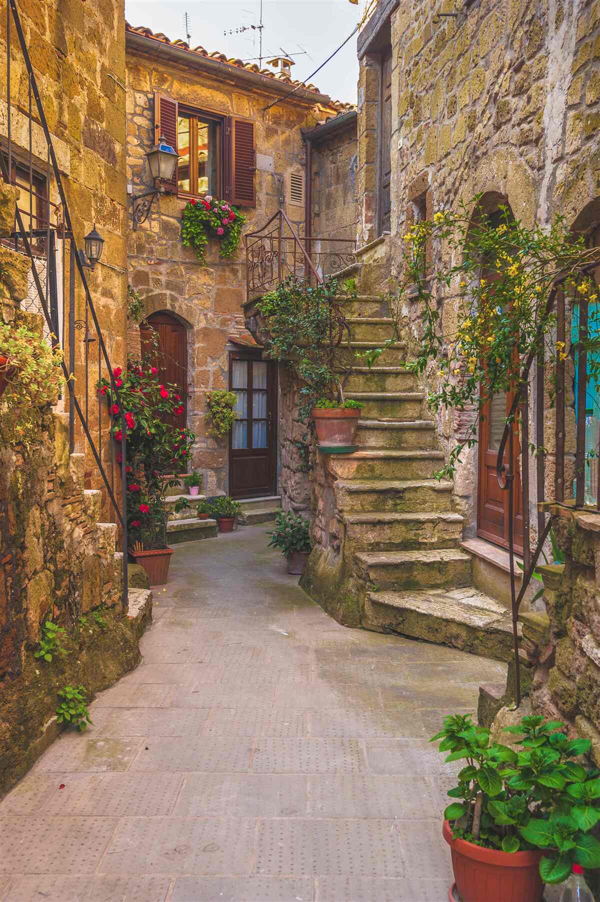 Fototapeta schody zdobené kvetmi na starom nádvorí