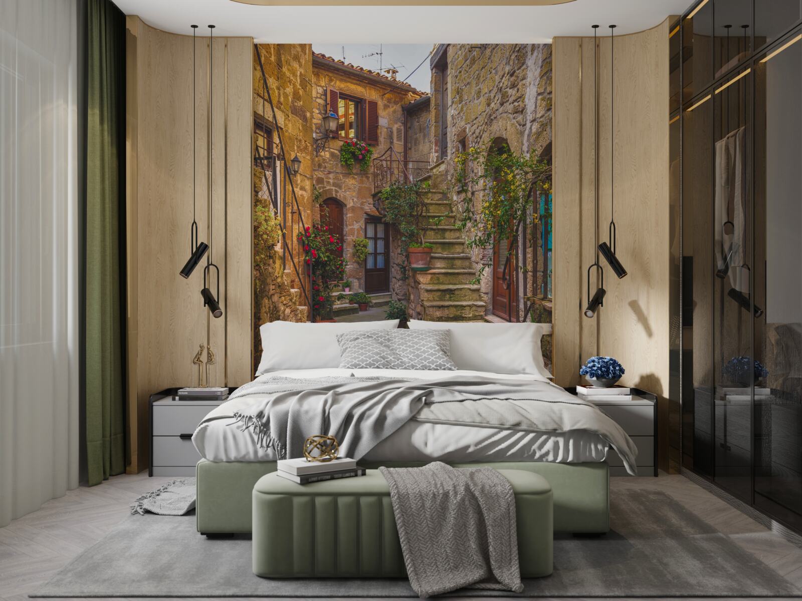 Fototapeta schody zdobené kvetmi na starom nádvorí