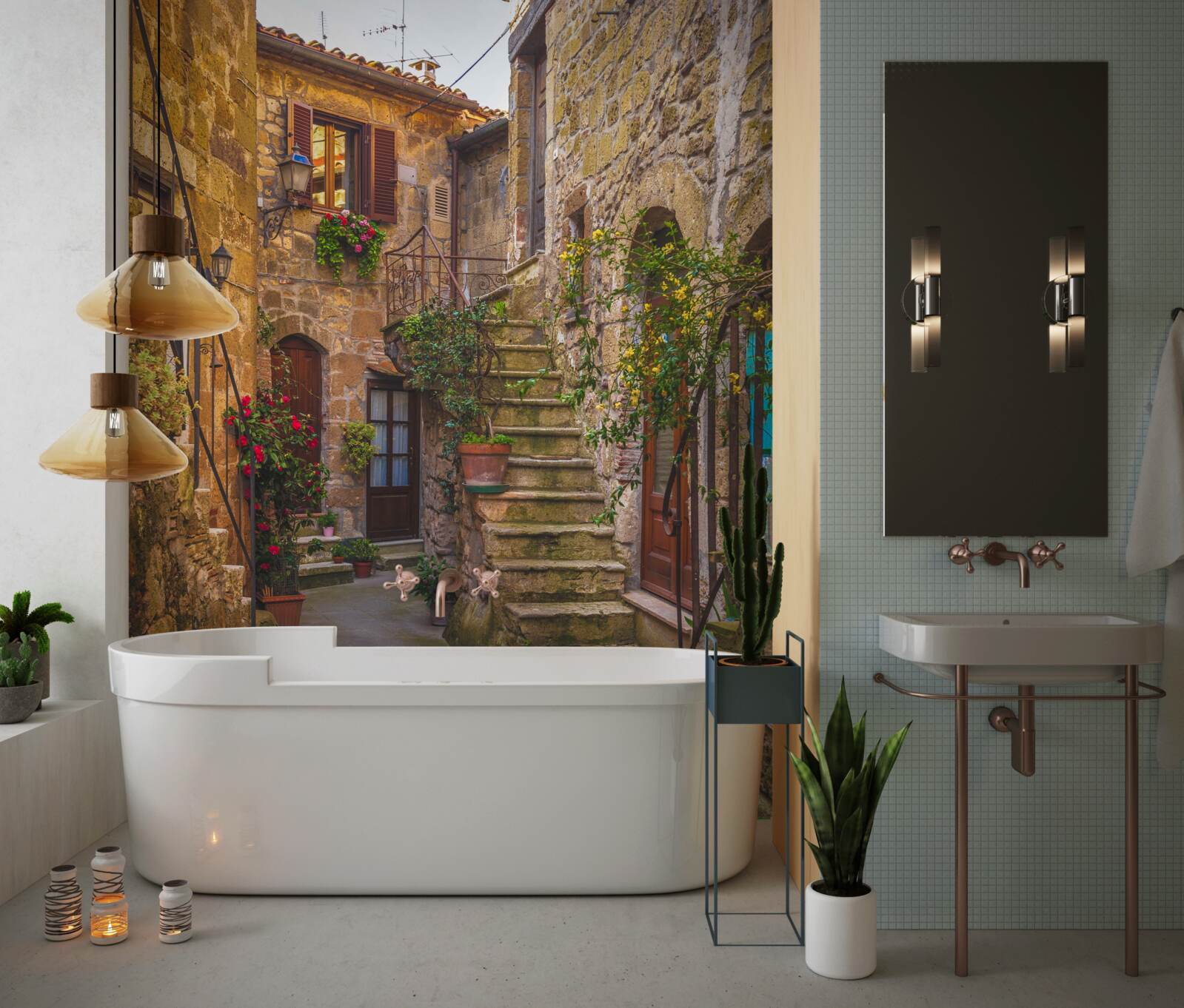 Fototapeta schody zdobené kvetmi na starom nádvorí