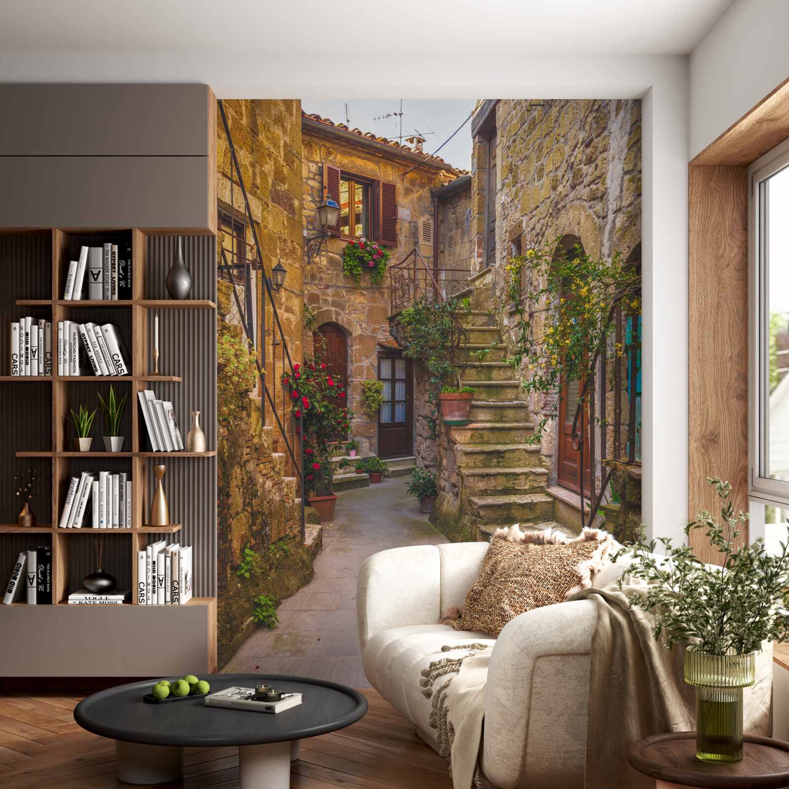 Fototapeta schody zdobené kvetmi na starom nádvorí