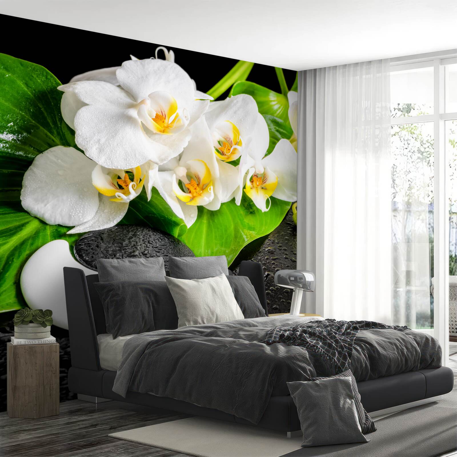 Fototapeta biely lotos na tmavej skale