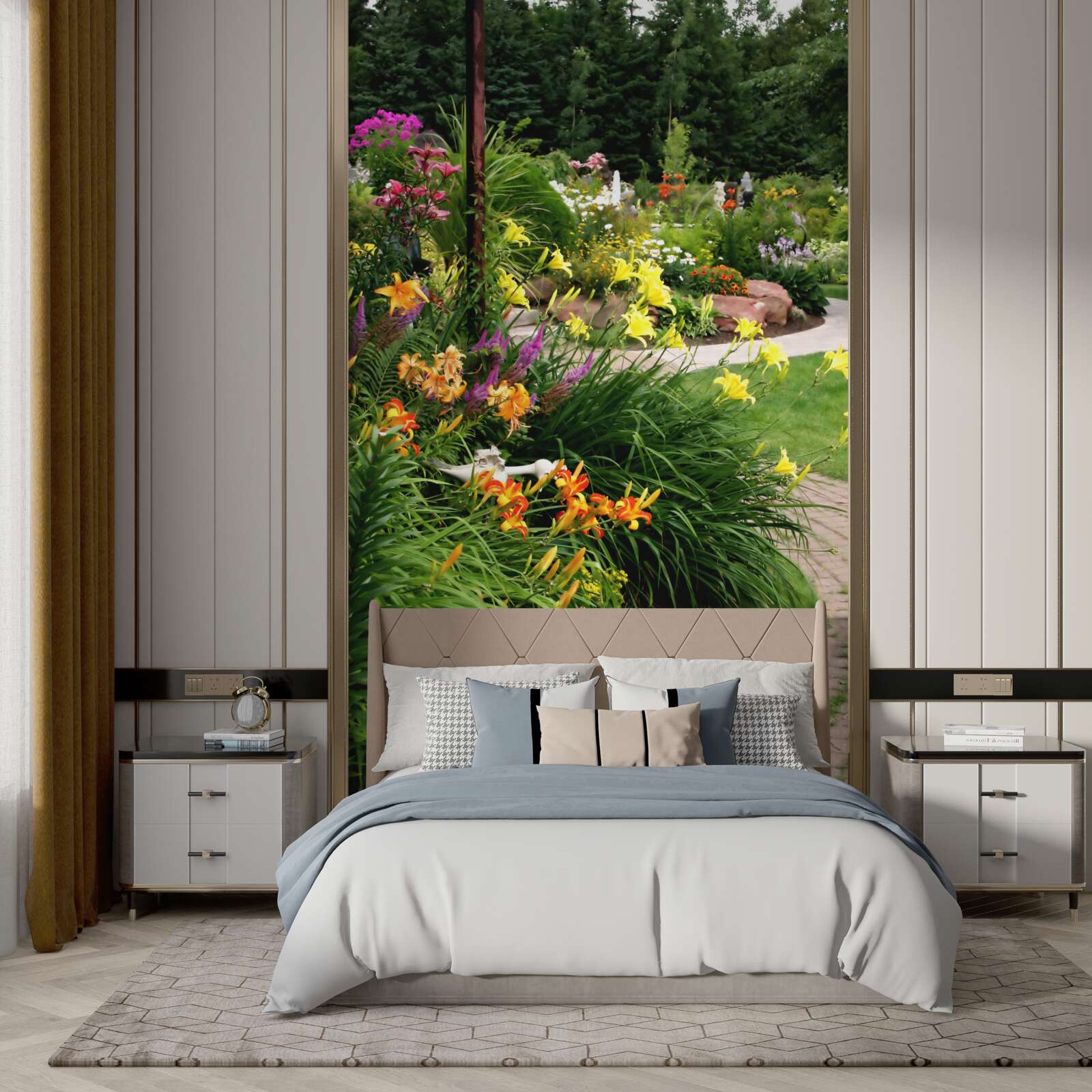 Fototapeta cesta v blízkosti bujného leta kríkov s kvetmi