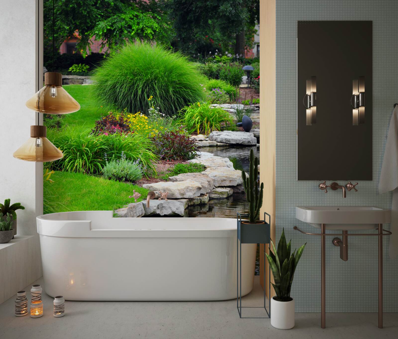 Fototapeta kvety v blízkosti jazierka v záhrade