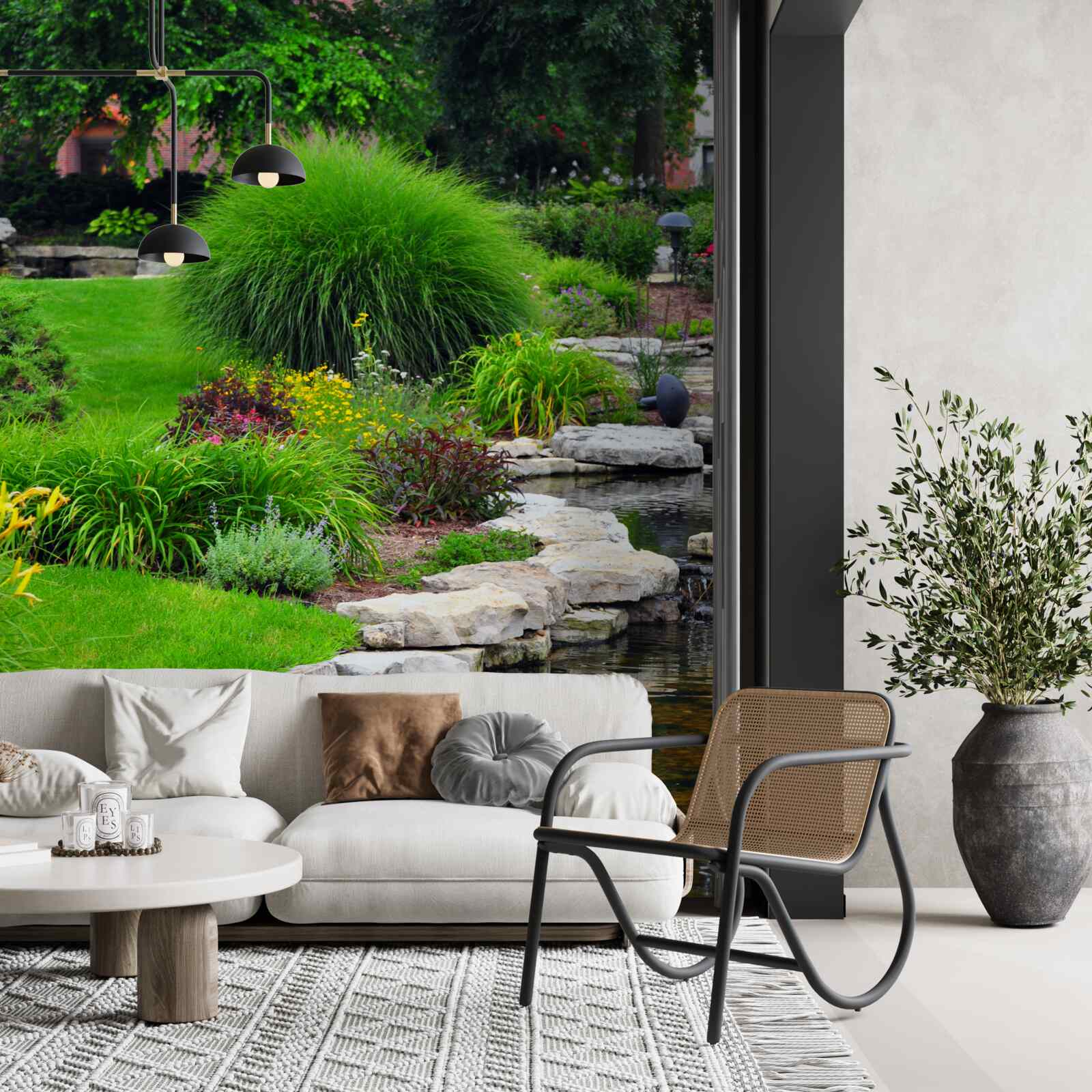 Fototapeta kvety v blízkosti jazierka v záhrade