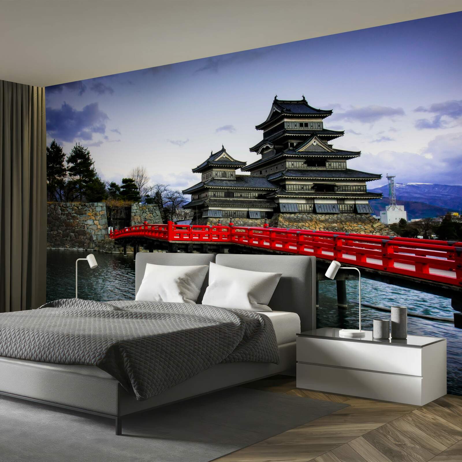 Fototapeta V Japonsku sú cez rieku chubs červený most