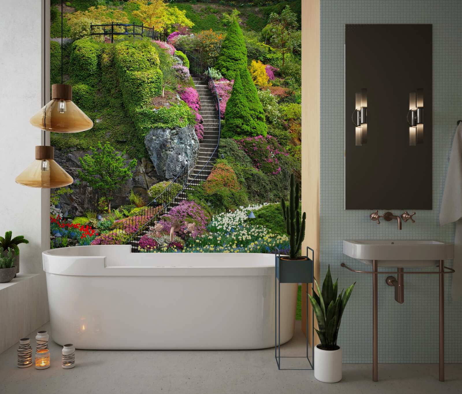 Fototapeta schody sú úplne ponorené do zelene a kvetov