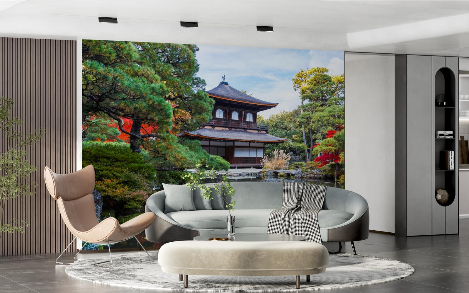 Fototapeta japonský domček v záhrade na brehu jazera, plný pohody