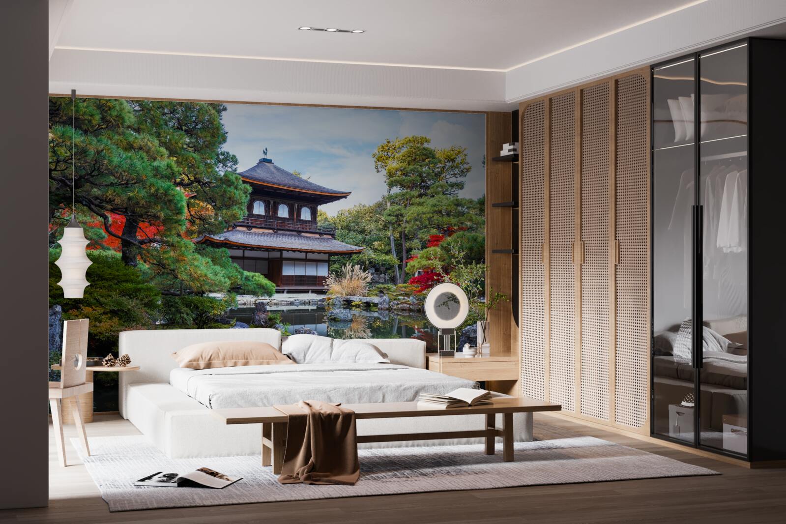 Fototapeta japonský domček v záhrade na brehu jazera, plný pohody