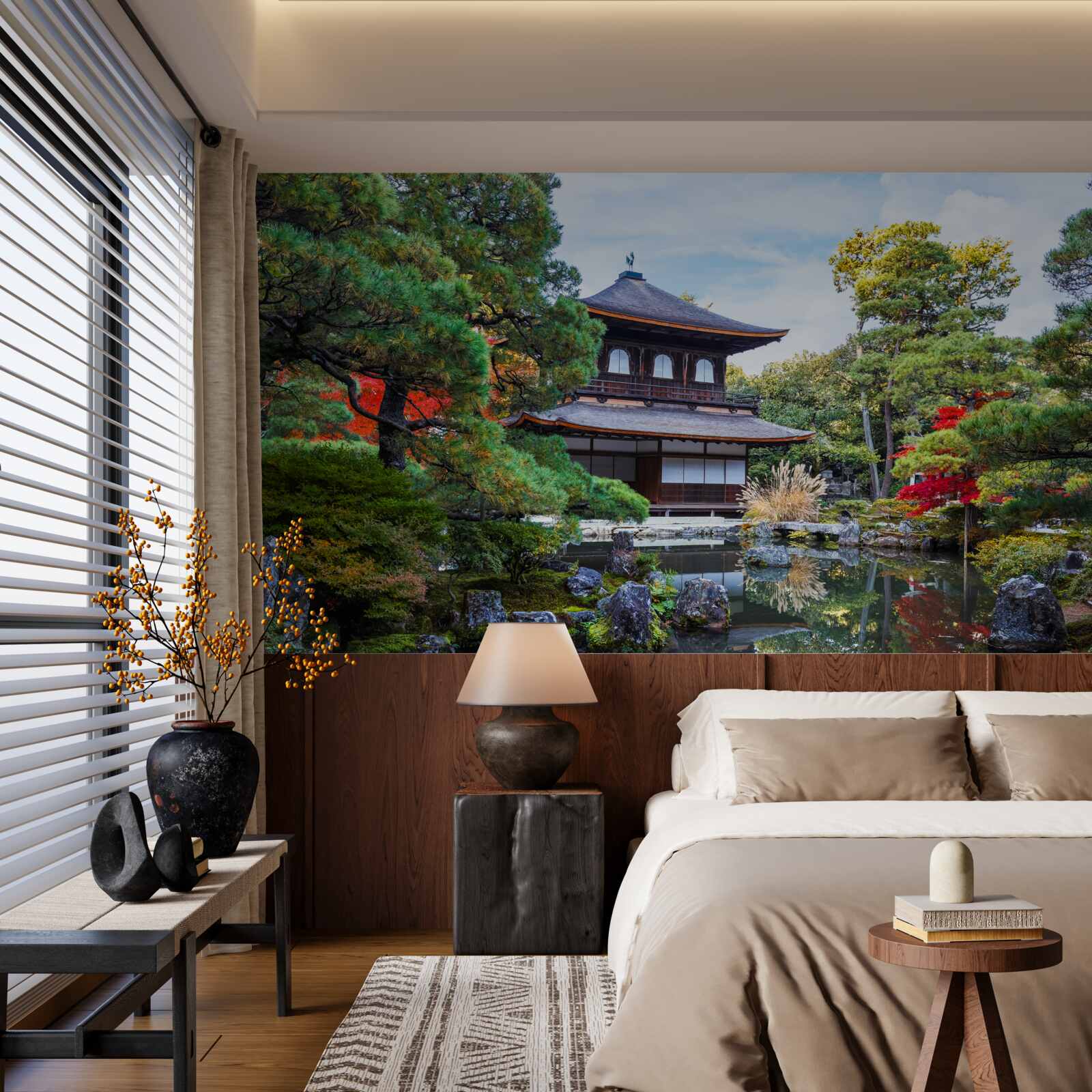 Fototapeta japonský domček v záhrade na brehu jazera, plný pohody