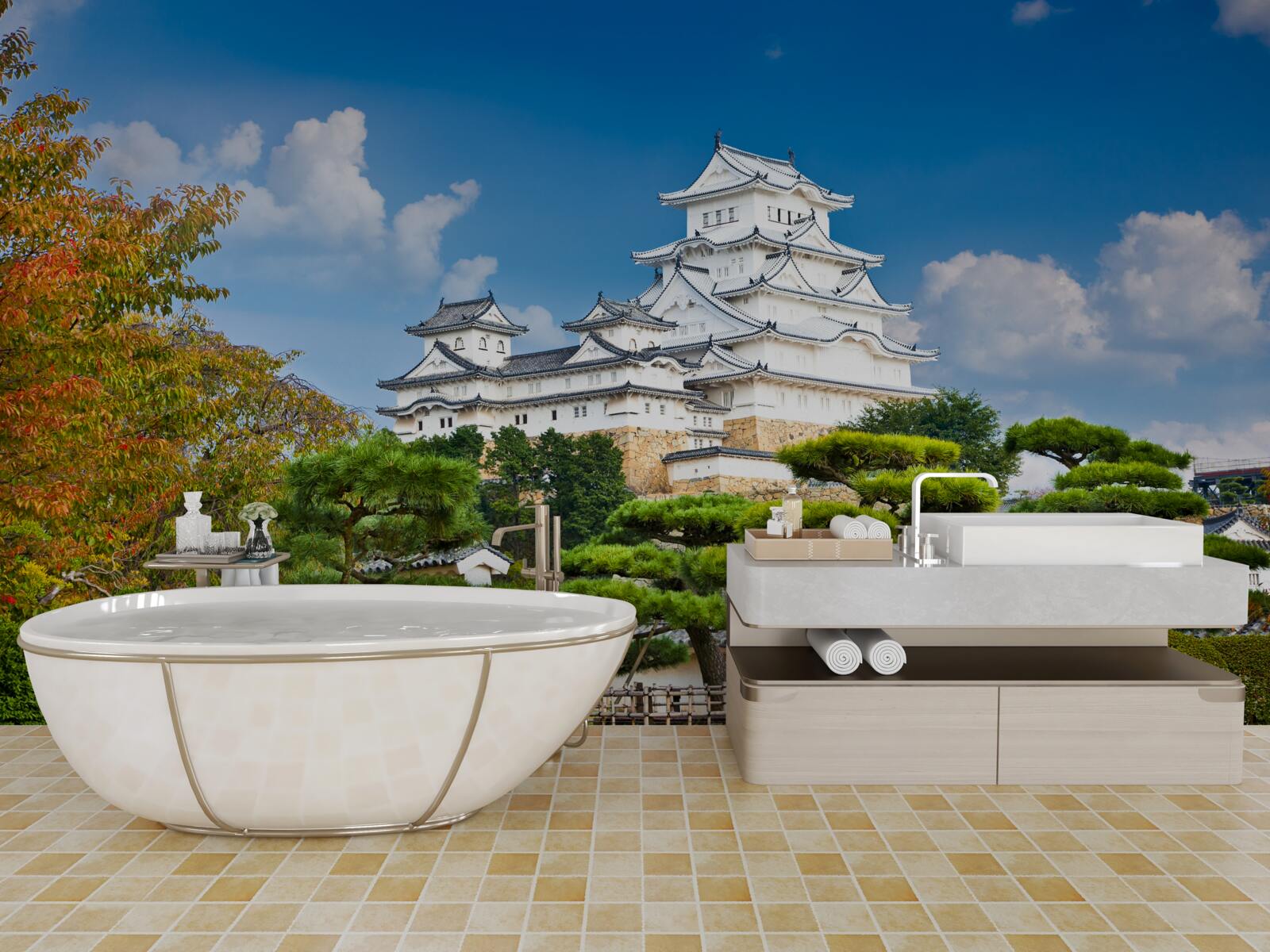 Fototapeta Japonský chrám v horách, obklopený zeleňom