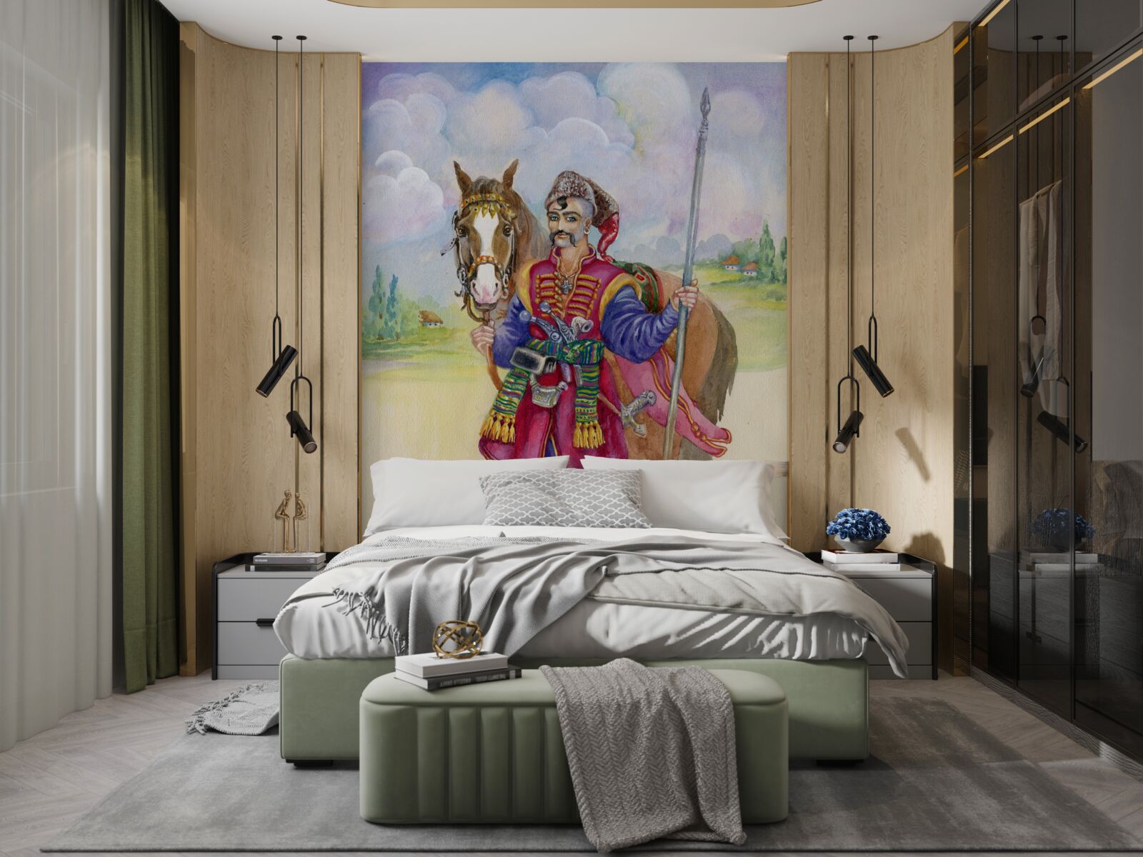 Fototapeta mladý Kozák zo stepí s koňmi